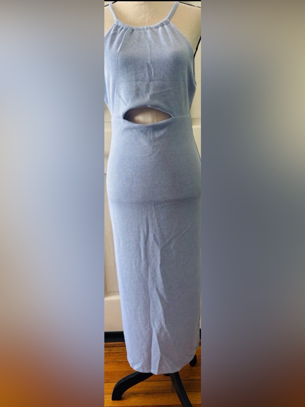 19 Cooper Light Blue shimmer Ribbed halter cut out front back party midi dress
